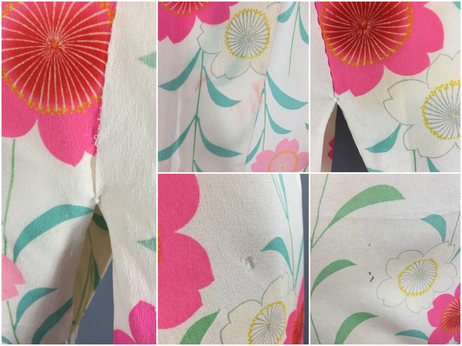 1950s Vintage Silk Kimono Robe / Ivory & Pink Floral Print