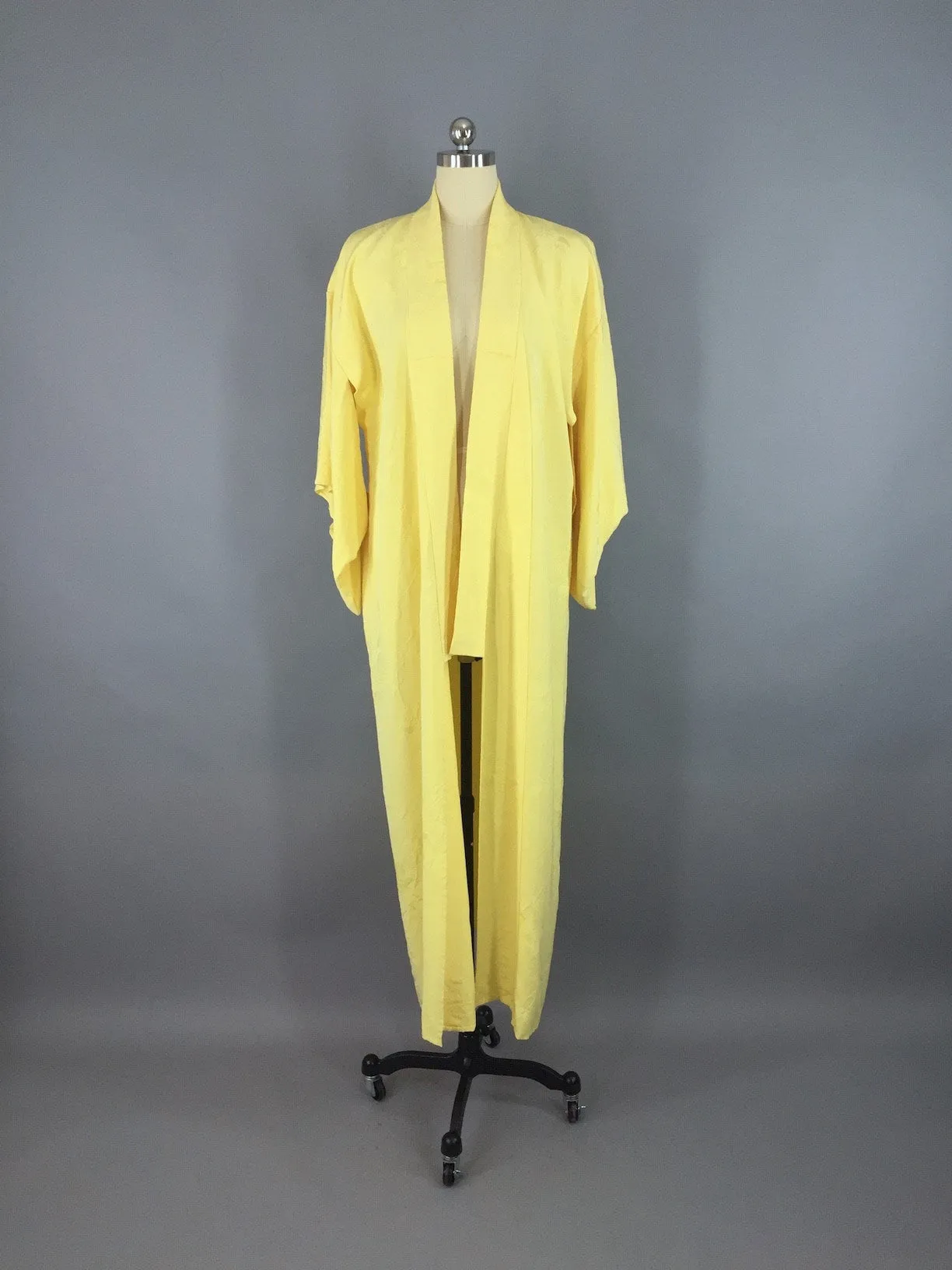 1950s Vintage Silk Kimono Robe with Yellow Floral Pattern