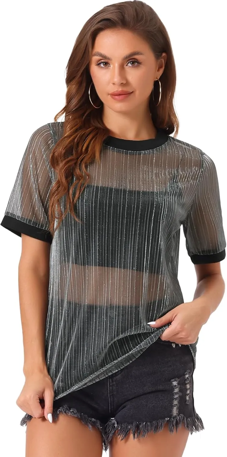 Allegra K Women's Mesh T-Shirt Cover Up Party Short Sleeve See Through Sheer Tops