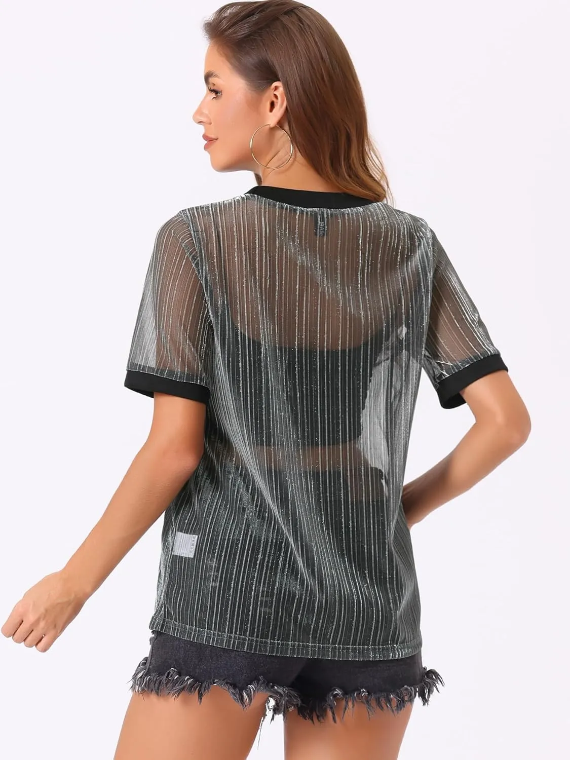 Allegra K Women's Mesh T-Shirt Cover Up Party Short Sleeve See Through Sheer Tops
