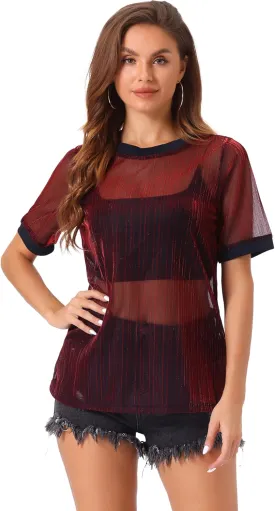 Allegra K Women's Mesh T-Shirt Cover Up Party Short Sleeve See Through Sheer Tops