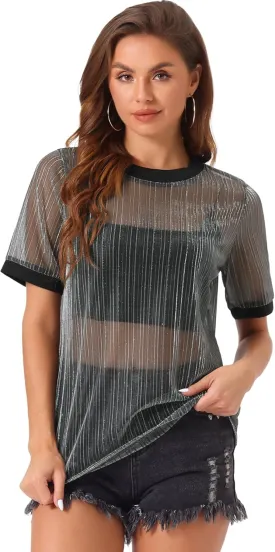 Allegra K Women's Mesh T-Shirt Cover Up Party Short Sleeve See Through Sheer Tops