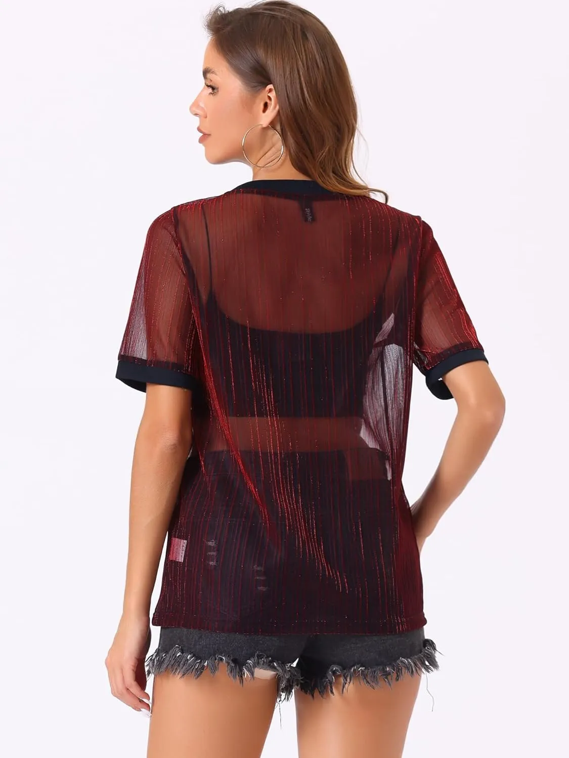 Allegra K Women's Mesh T-Shirt Cover Up Party Short Sleeve See Through Sheer Tops