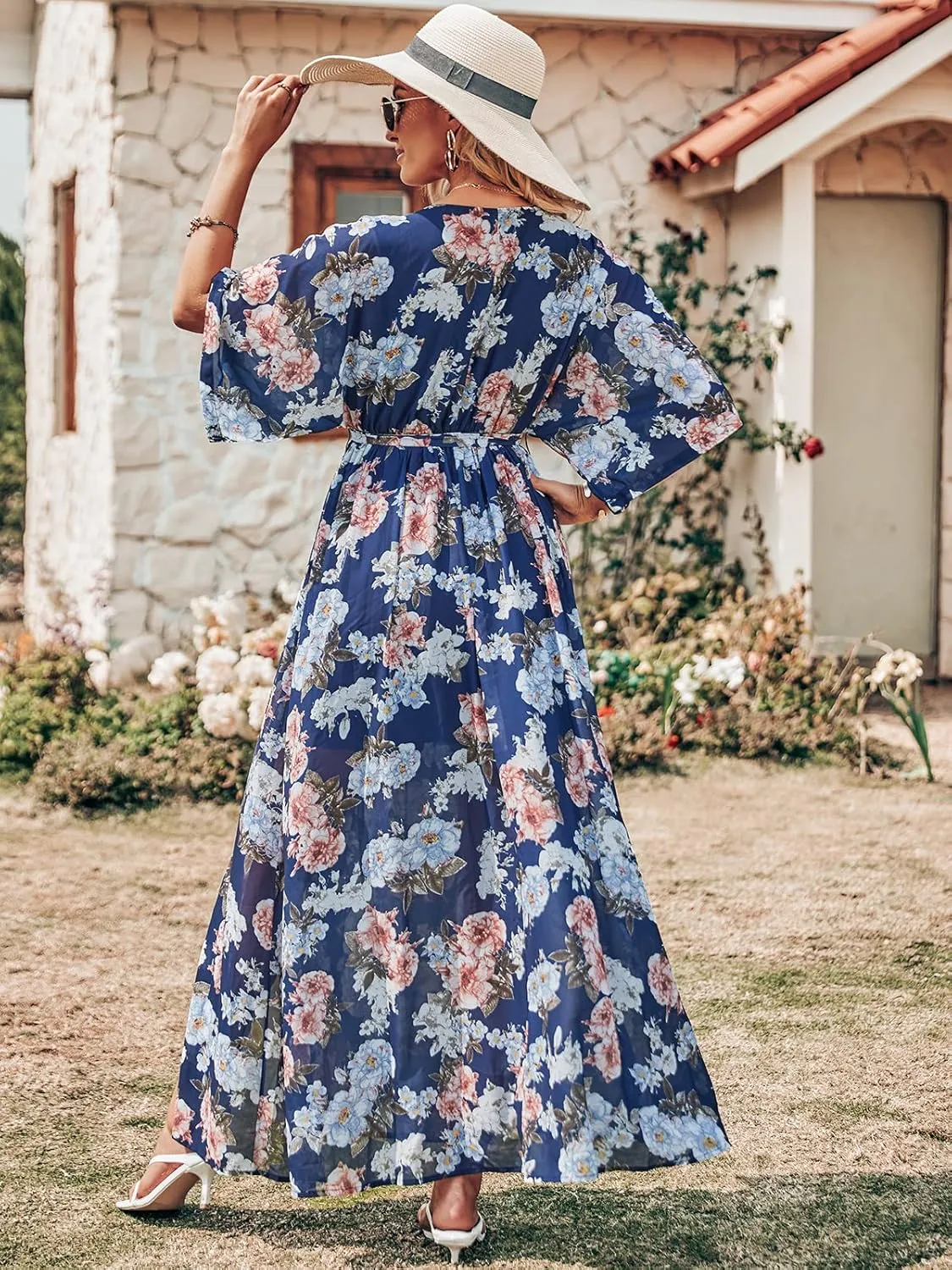 ANRABESS Womens Summer Loose Boho Flowy Wrap V Neck 3/4 Sleeve Floral Print Slit Beach Wedding Guest Long Maxi Dresses