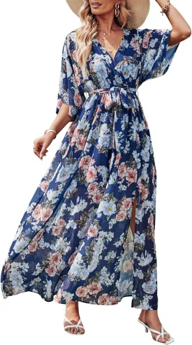 ANRABESS Womens Summer Loose Boho Flowy Wrap V Neck 3/4 Sleeve Floral Print Slit Beach Wedding Guest Long Maxi Dresses