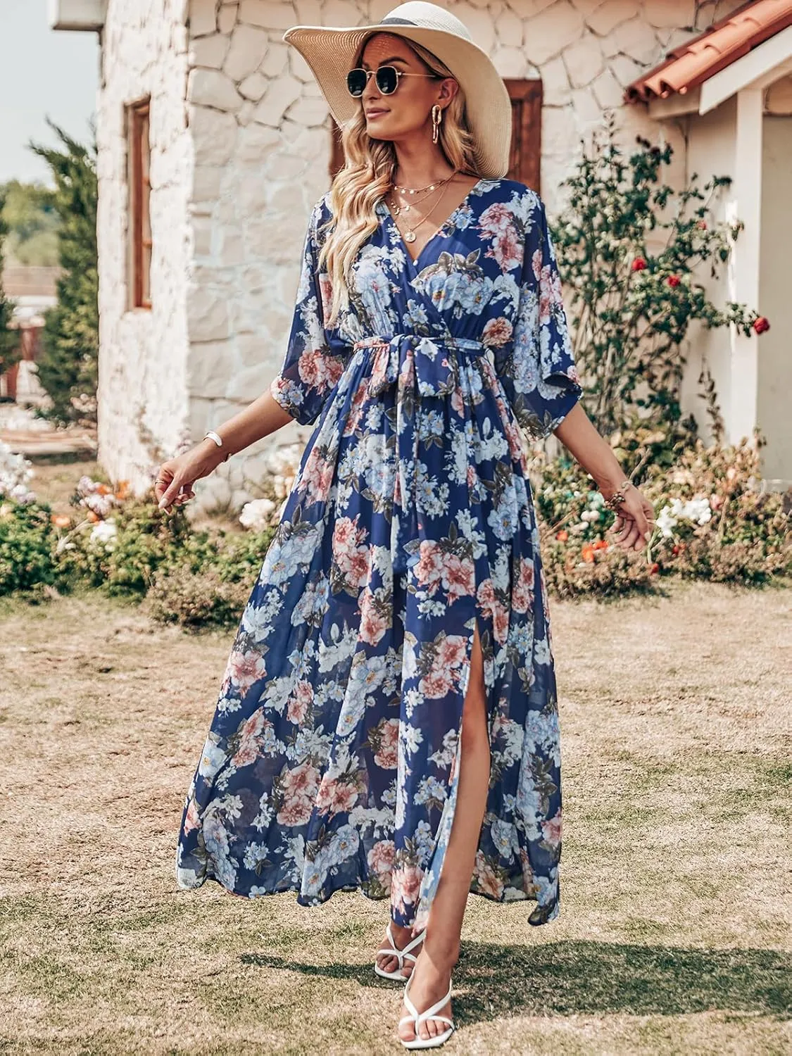 ANRABESS Womens Summer Loose Boho Flowy Wrap V Neck 3/4 Sleeve Floral Print Slit Beach Wedding Guest Long Maxi Dresses