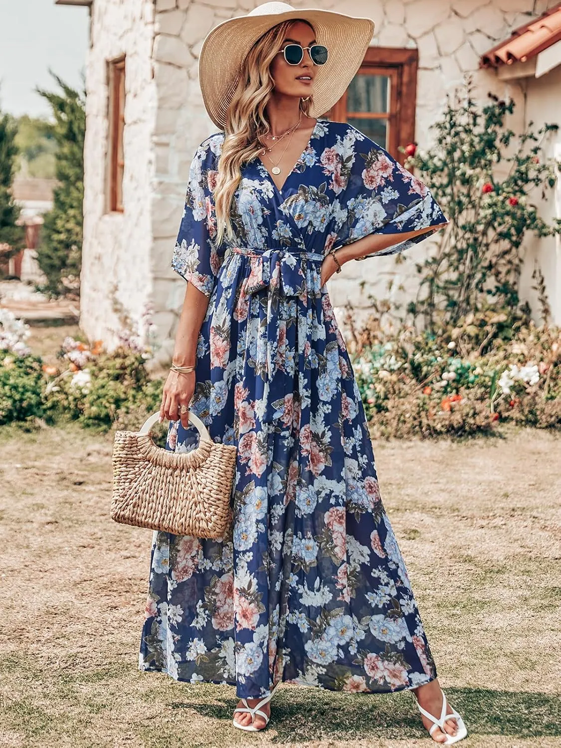 ANRABESS Womens Summer Loose Boho Flowy Wrap V Neck 3/4 Sleeve Floral Print Slit Beach Wedding Guest Long Maxi Dresses