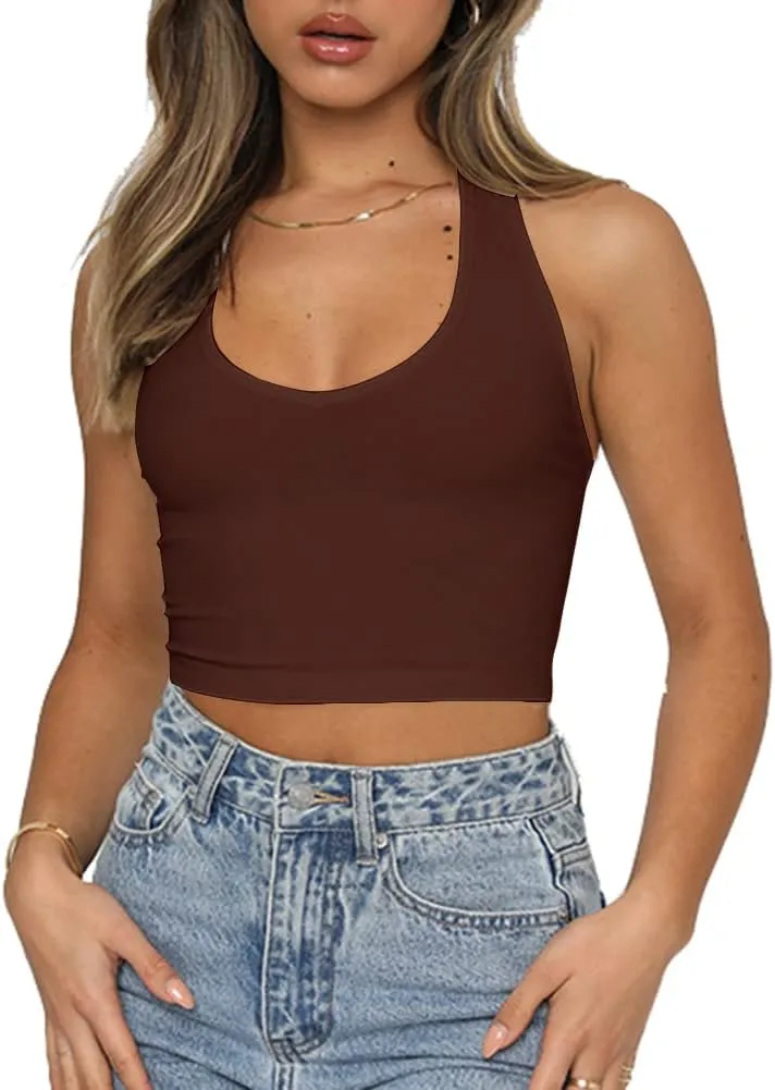 Artfish Women's Sexy Scoop Neck Halter Crop Top Backless Knit Rib Basic Cami Tank Tops