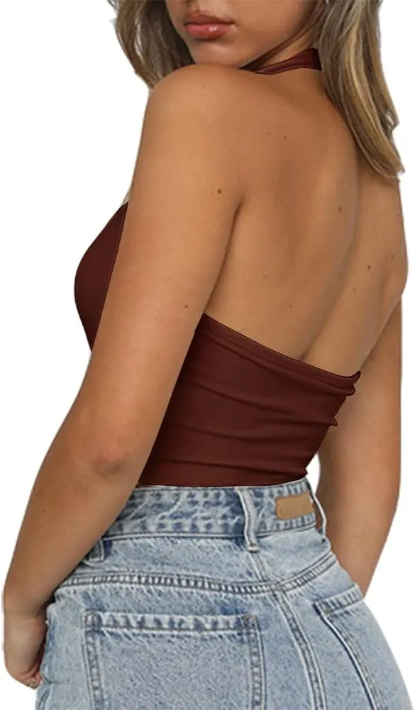Artfish Women's Sexy Scoop Neck Halter Crop Top Backless Knit Rib Basic Cami Tank Tops