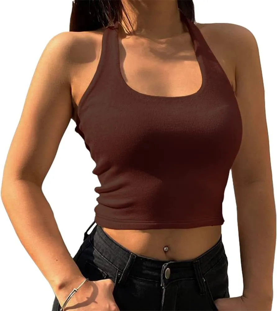 Artfish Women's Sexy Scoop Neck Halter Crop Top Backless Knit Rib Basic Cami Tank Tops