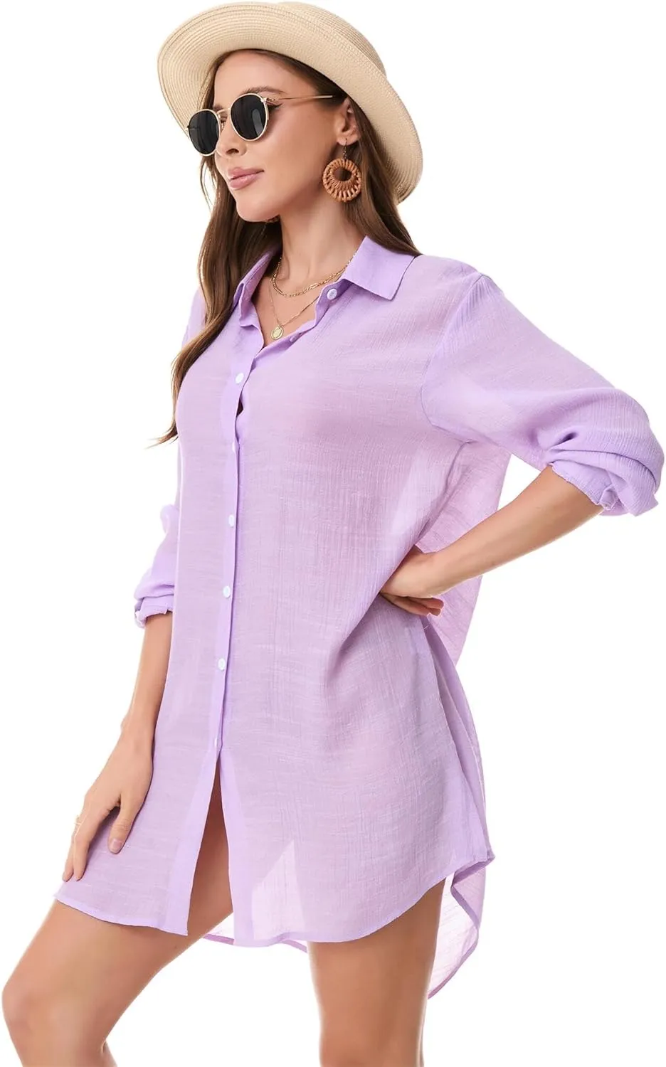 Beachwear Bathing Suit Womens Cover Ups Swimwear Sheer Button Down Shirt