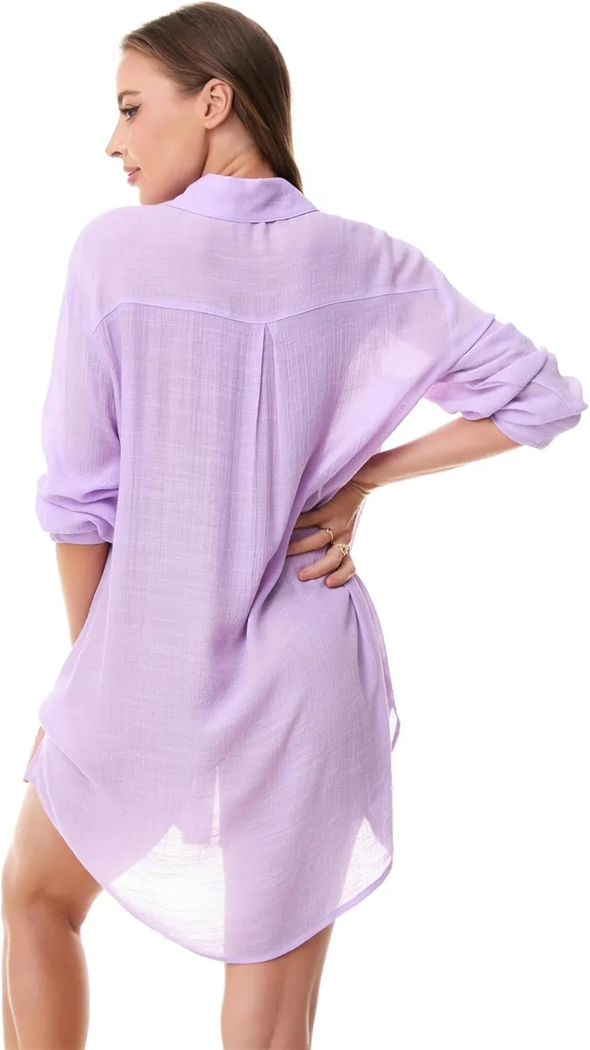 Beachwear Bathing Suit Womens Cover Ups Swimwear Sheer Button Down Shirt
