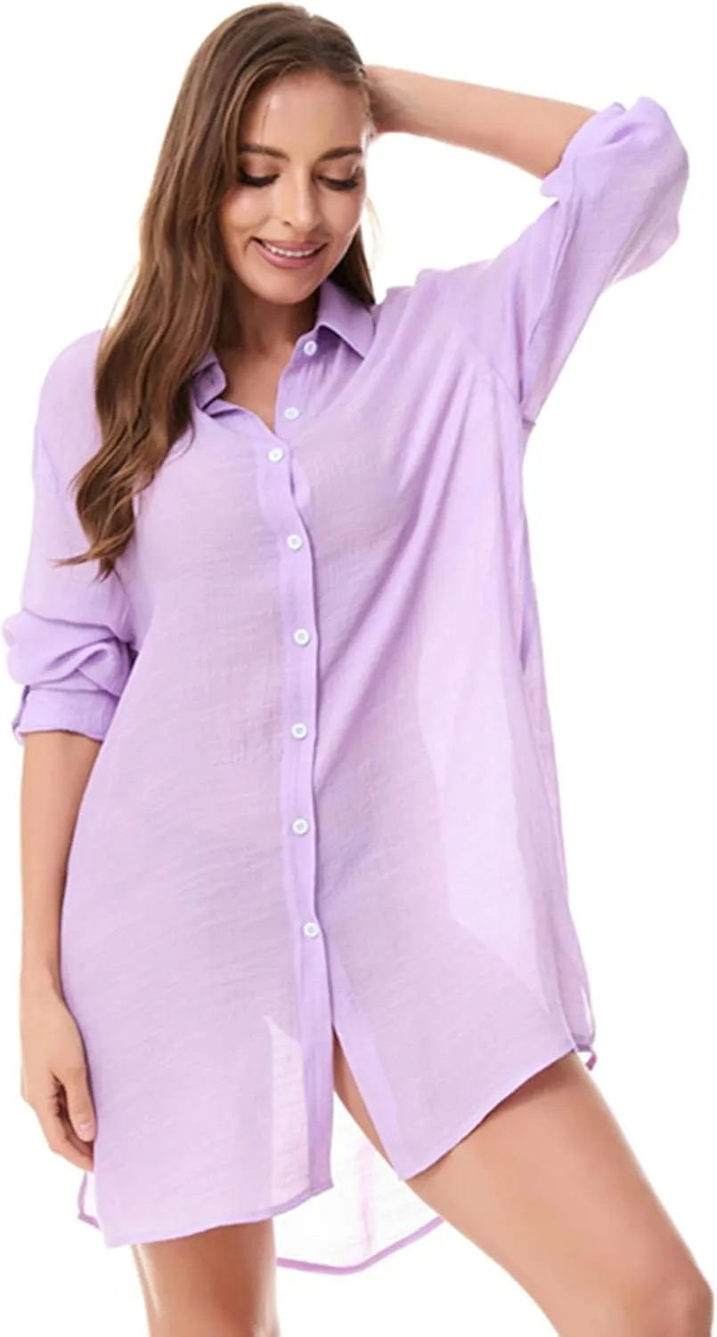 Beachwear Bathing Suit Womens Cover Ups Swimwear Sheer Button Down Shirt