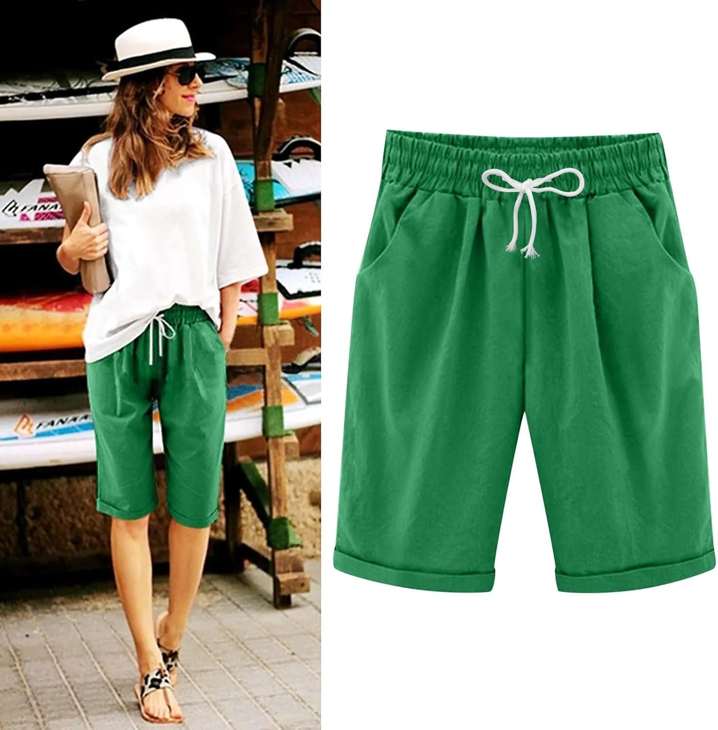 Bermuda Shorts for Women Plus Size Knee Length Beach Shorts Summer High Waisted Soft Lounge Short Pants with Pockets