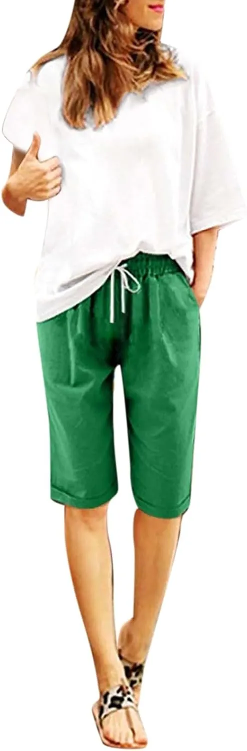 Bermuda Shorts for Women Plus Size Knee Length Beach Shorts Summer High Waisted Soft Lounge Short Pants with Pockets