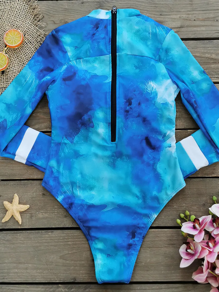 Blue tie-dye printed swimsuit UPF50  Rash Guard