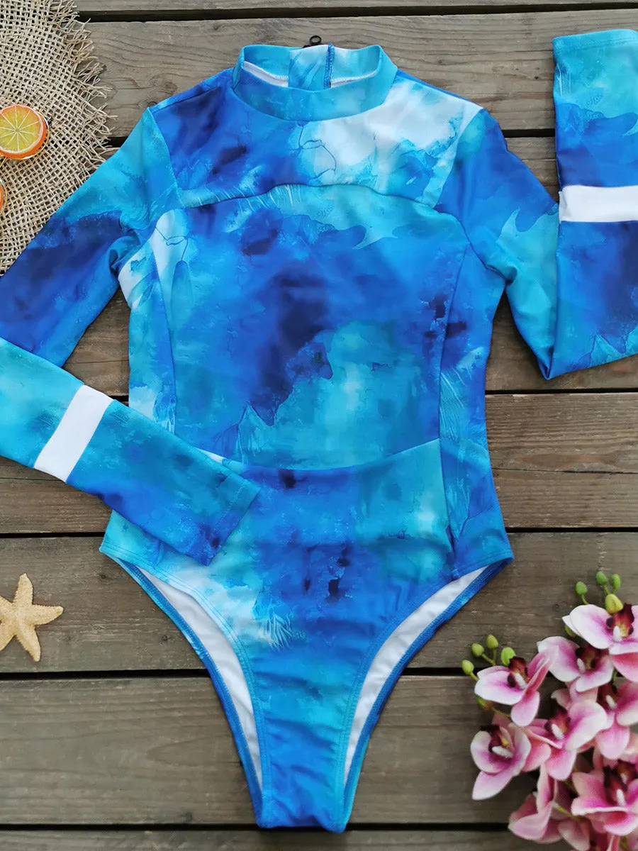 Blue tie-dye printed swimsuit UPF50  Rash Guard