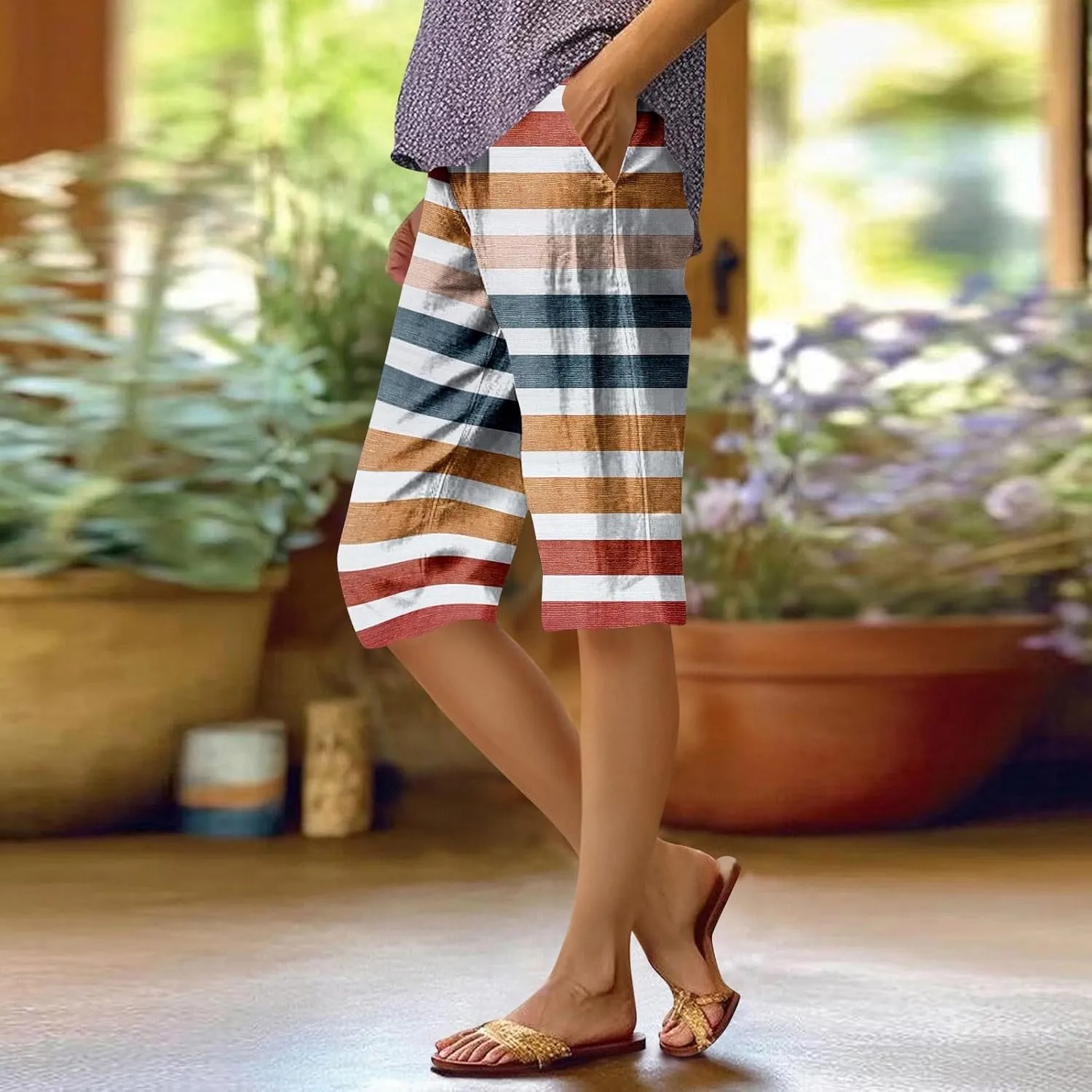 Capri Pants for Women Bermuda Shorts High Waisted Wide Leg Cropped Linen Pants Casual Palazzo Pant with Pockets