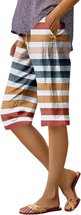 Capri Pants for Women Bermuda Shorts High Waisted Wide Leg Cropped Linen Pants Casual Palazzo Pant with Pockets