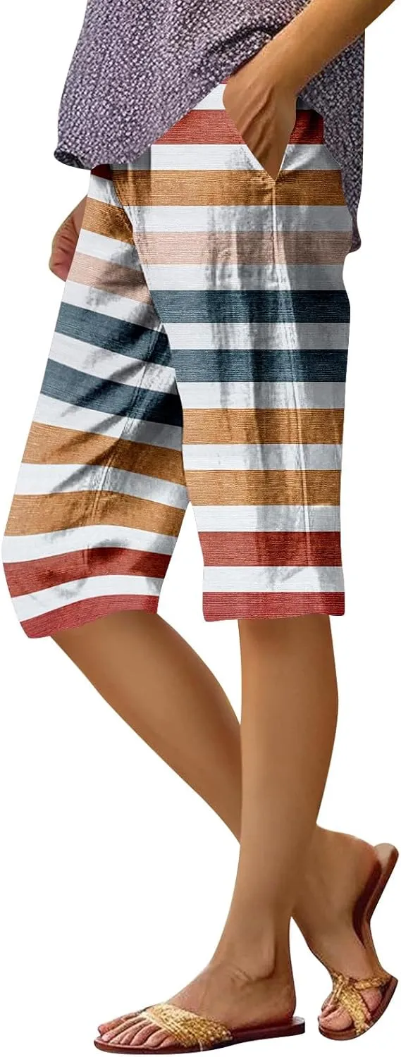 Capri Pants for Women Bermuda Shorts High Waisted Wide Leg Cropped Linen Pants Casual Palazzo Pant with Pockets
