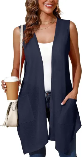Cardigan for Women Drape Shrugs Open Front Sleeveless Vest Lightweight Cover Ups with Pocket