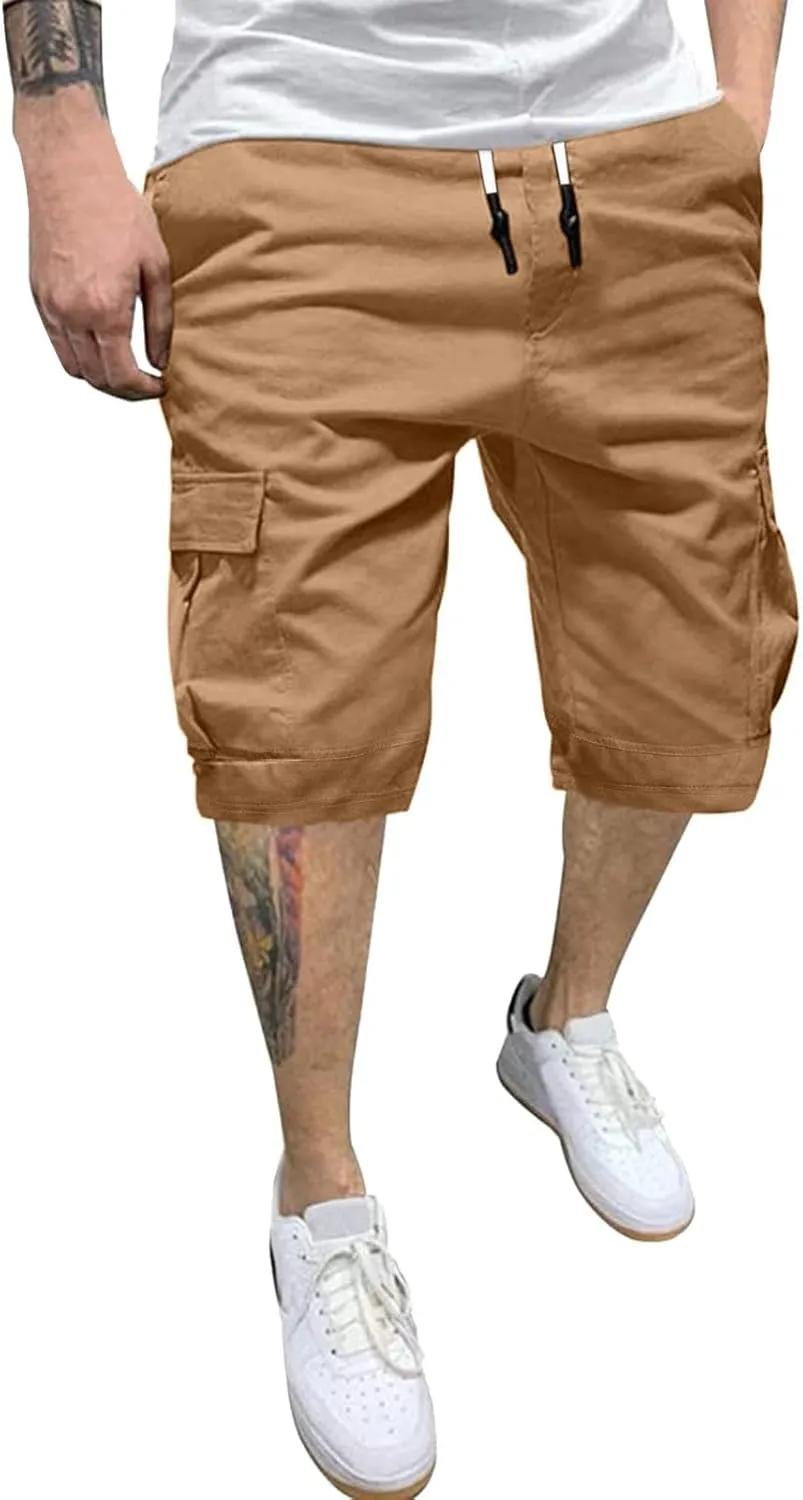 Cargo Shorts for Men Big and Tall Summer Casual Work Shorts Drawstring Elastic Waist Knee Length Bermuda Short 2025