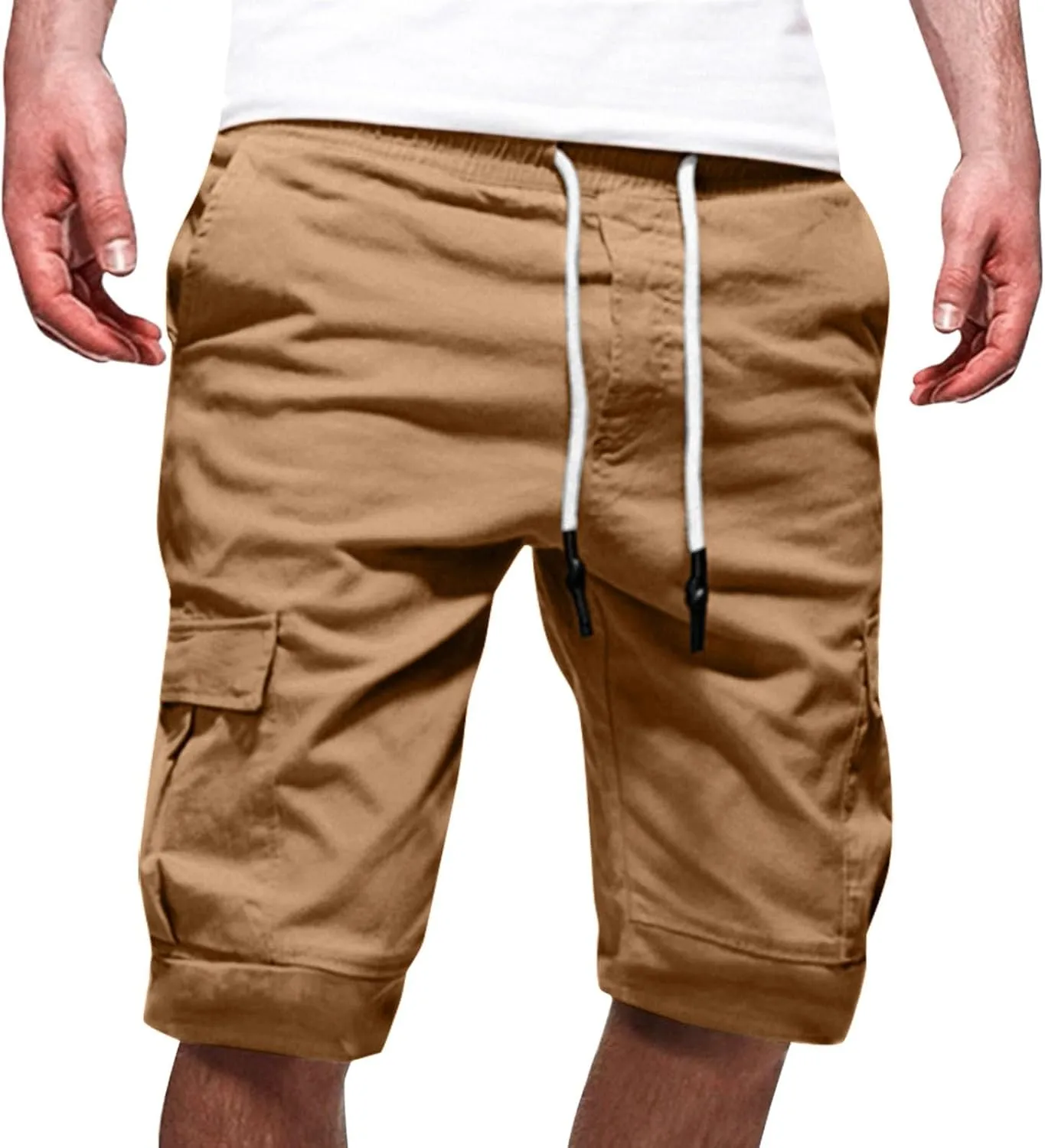 Cargo Shorts for Men Big and Tall Summer Casual Work Shorts Drawstring Elastic Waist Knee Length Bermuda Short 2025