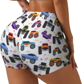 Cartoon Monster Trucks1 Print Women's Workout Shorts,Athletic Shorts for Running,Yoga,Gym