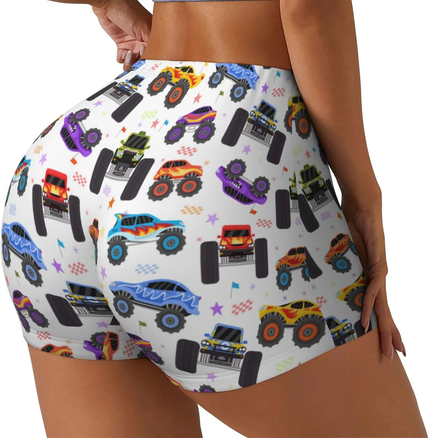 Cartoon Monster Trucks1 Print Women's Workout Shorts,Athletic Shorts for Running,Yoga,Gym