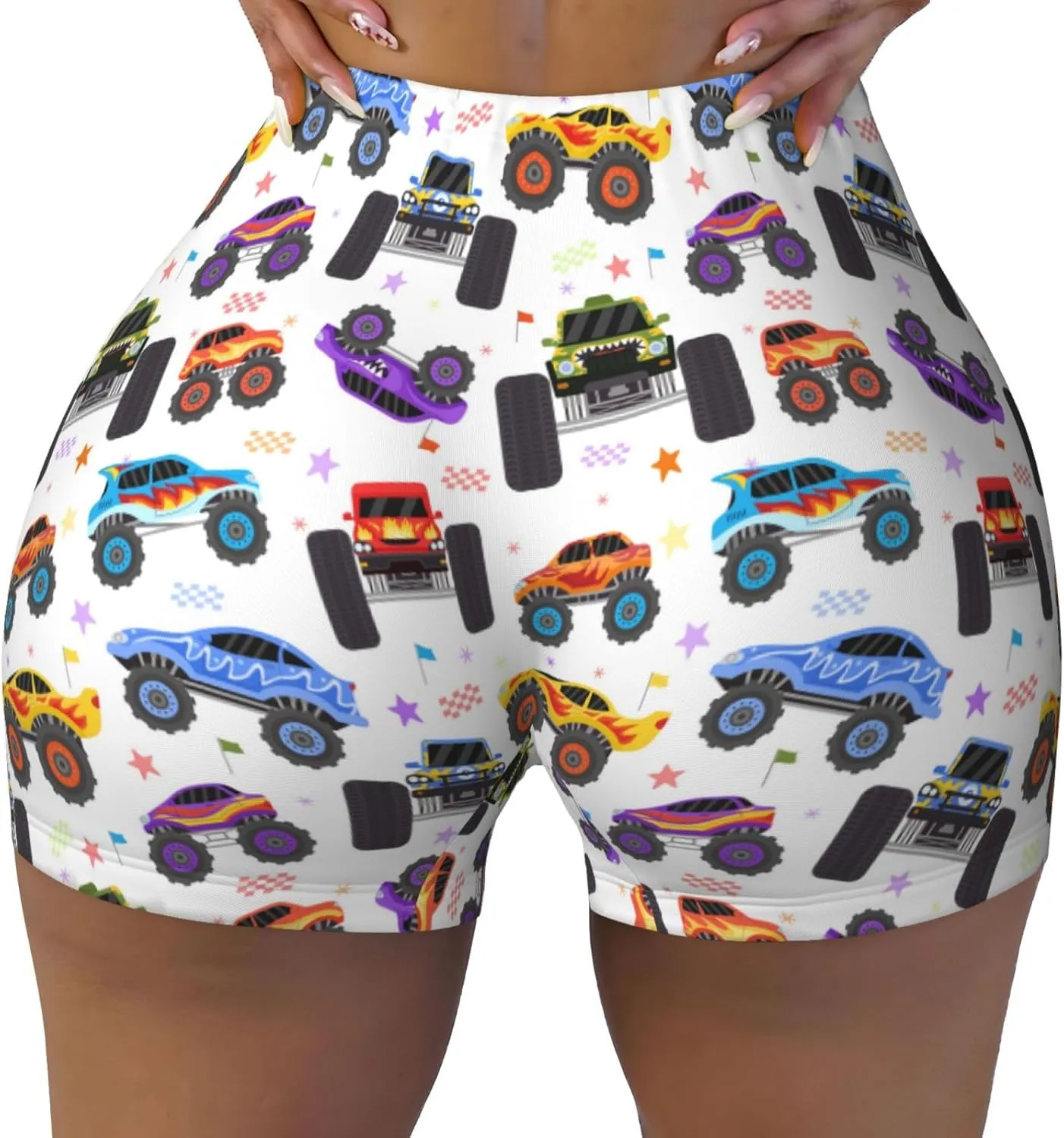 Cartoon Monster Trucks1 Print Women's Workout Shorts,Athletic Shorts for Running,Yoga,Gym