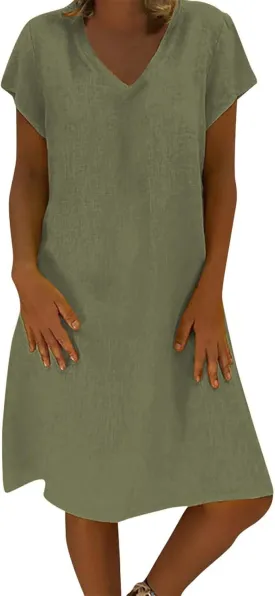 Cotton Linen Dresses for Women 2025 Spring Summer Elegant V Neck 3/4 Sleeve Midi Casual Plain Beach Shirt Dress