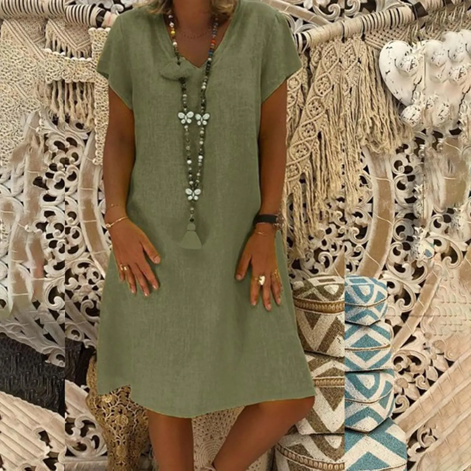 Cotton Linen Dresses for Women 2025 Spring Summer Elegant V Neck 3/4 Sleeve Midi Casual Plain Beach Shirt Dress