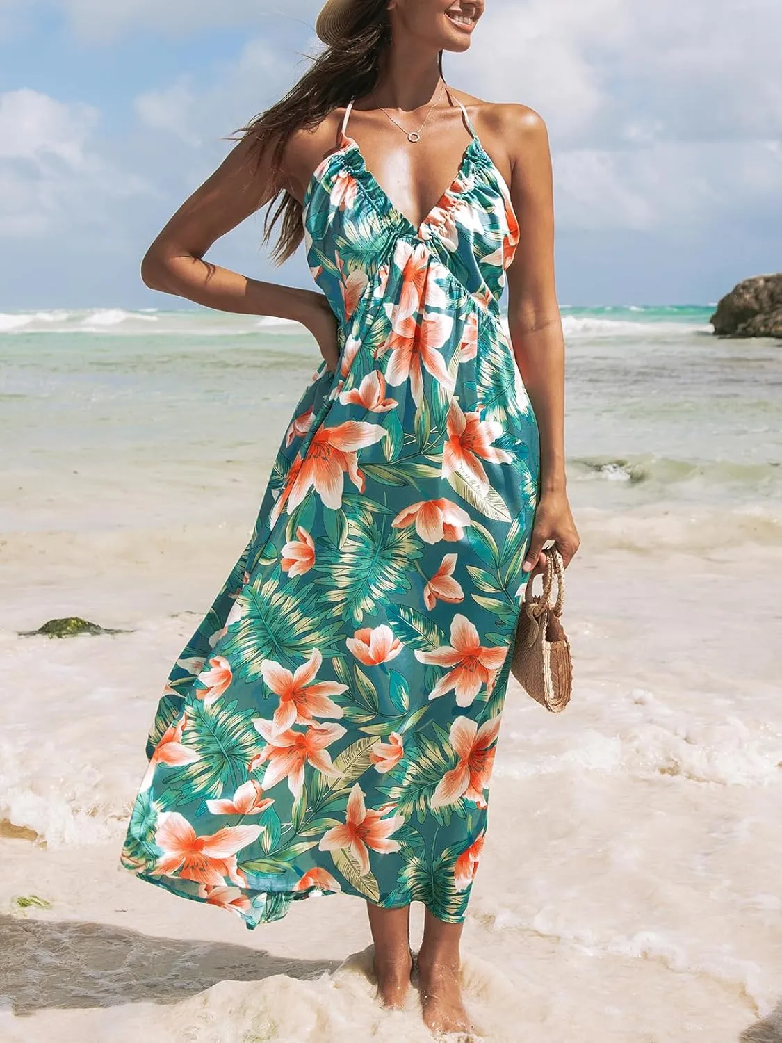 CUPSHE Women Backless Floral Summer Dress Plunging V Halter Neck Spaghetti Strap Ruffle Casual Beach Holiday Maxi Dress