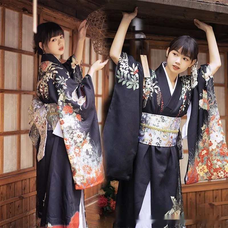 Elegant Black Floral Kimono Robe - Traditional Japanese Women's Attire