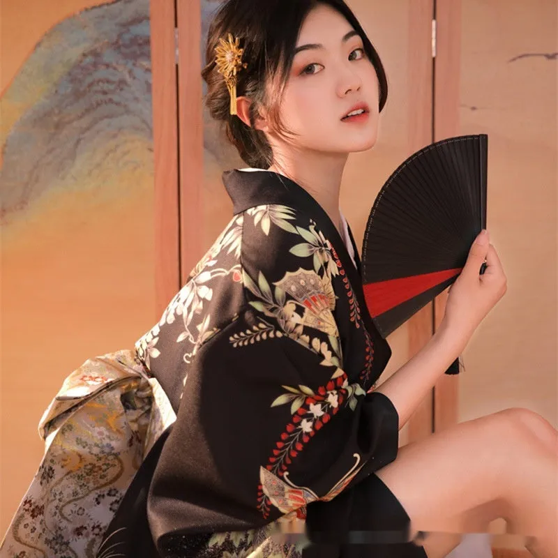 Elegant Black Floral Kimono Robe - Traditional Japanese Women's Attire