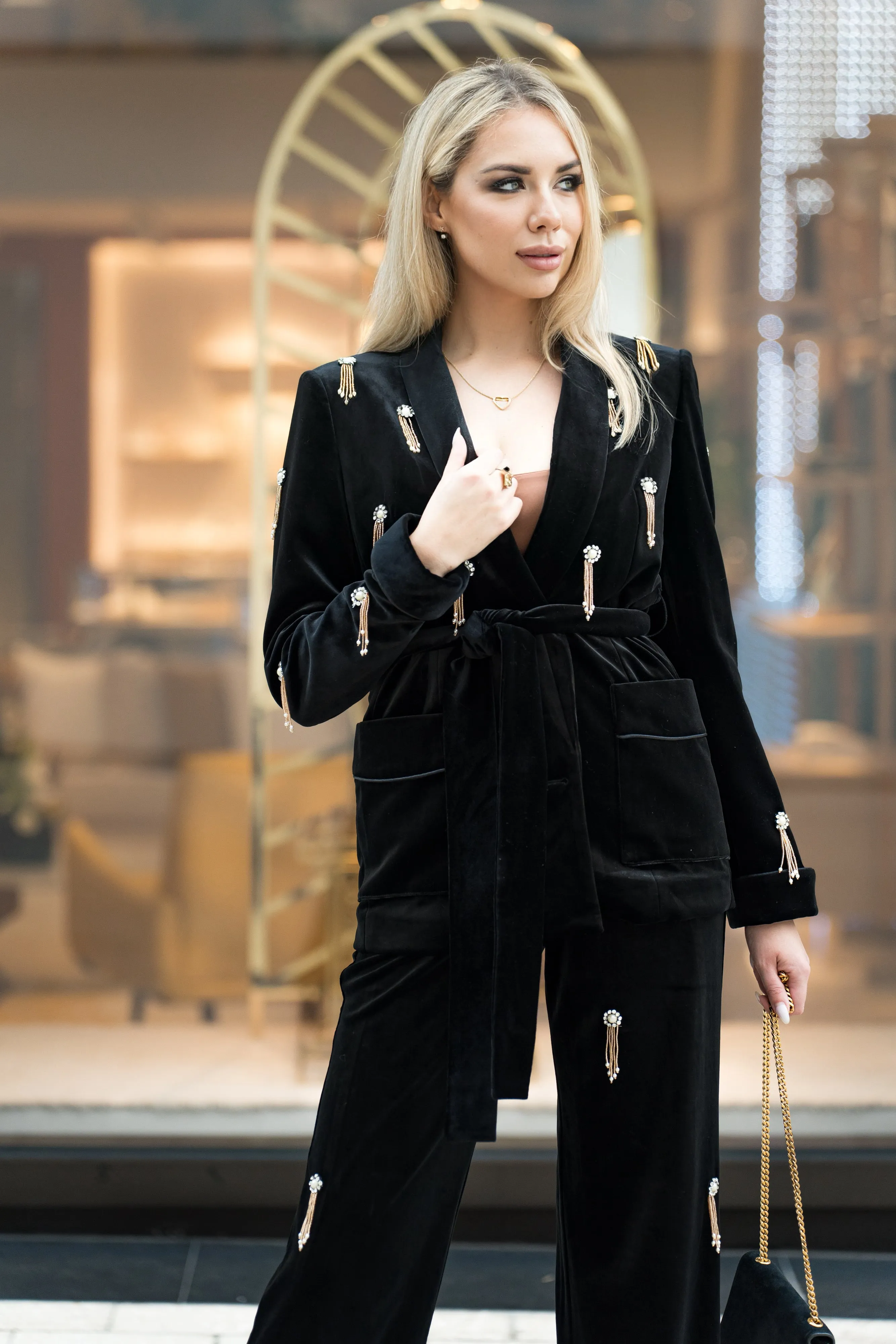 Embellished Crystals Velvet Blazer & Pants Suit Set