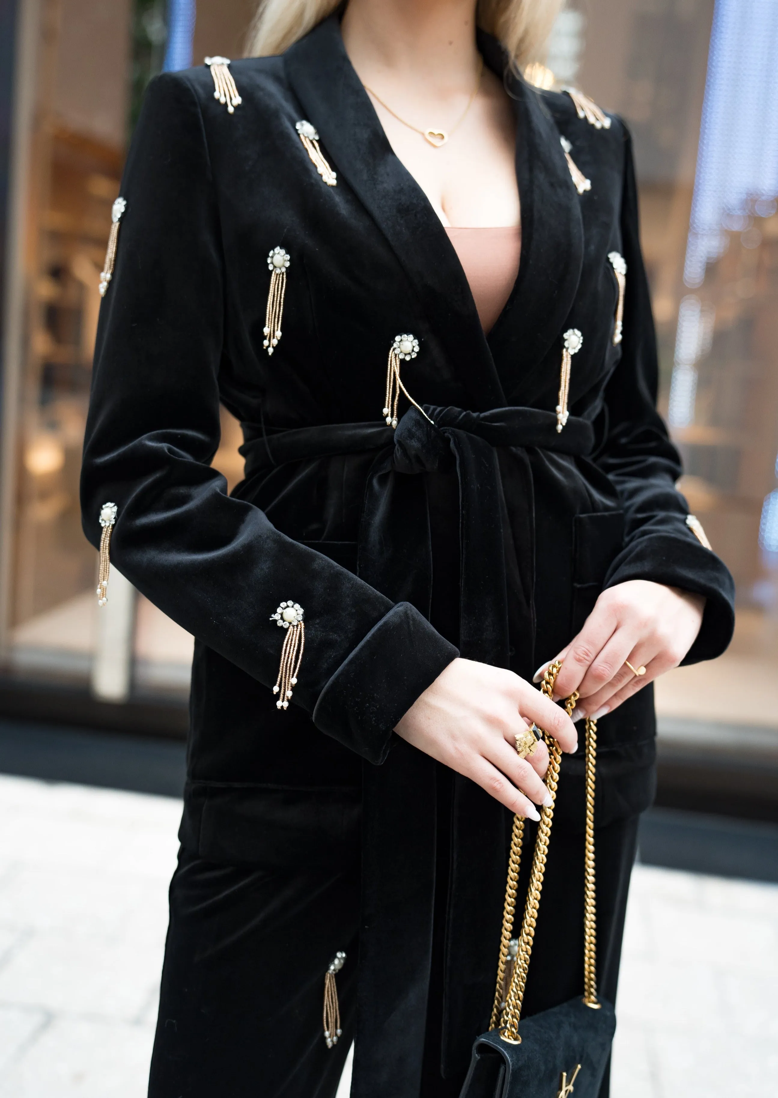 Embellished Crystals Velvet Blazer & Pants Suit Set