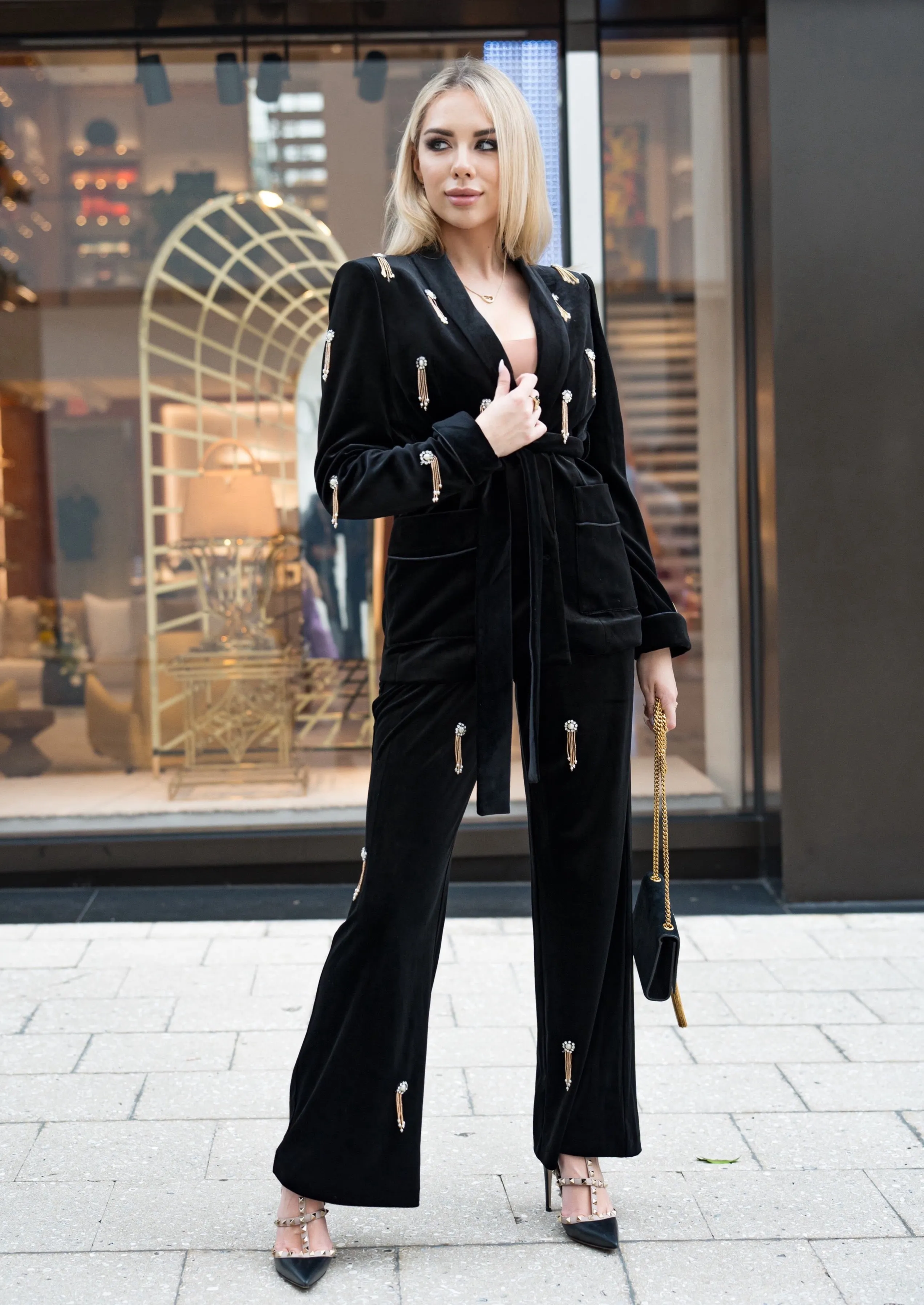 Embellished Crystals Velvet Blazer & Pants Suit Set