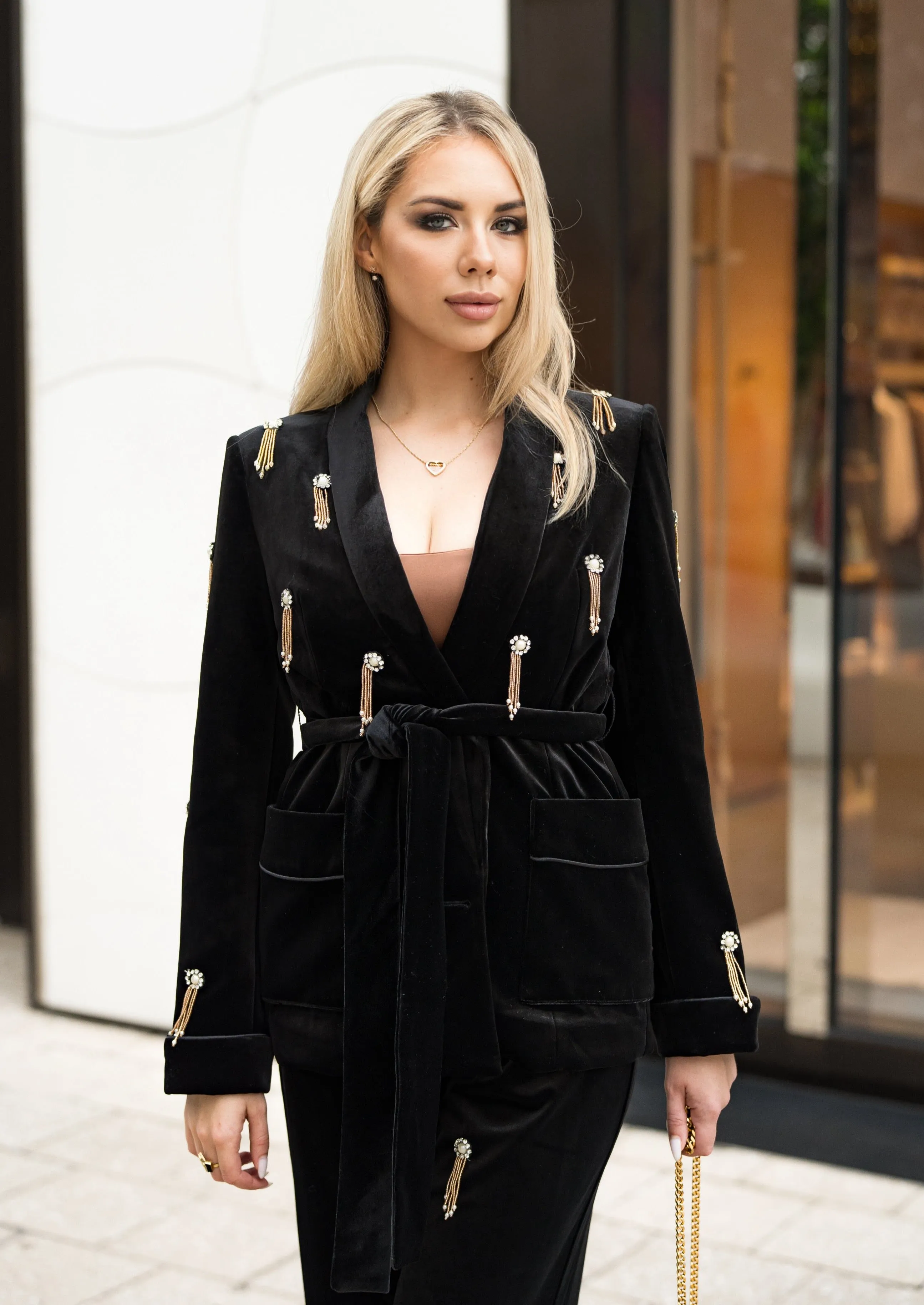 Embellished Crystals Velvet Blazer & Pants Suit Set
