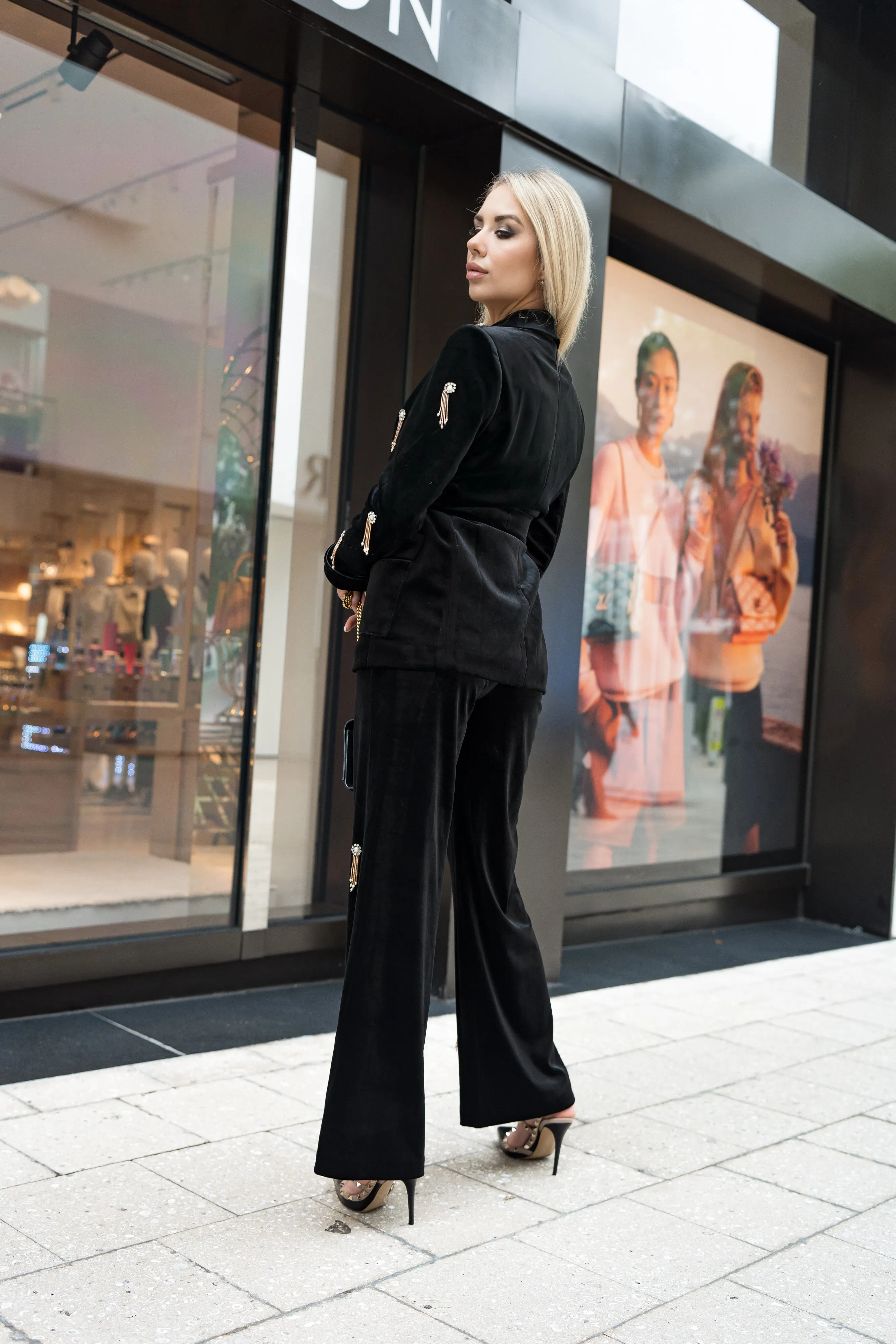 Embellished Crystals Velvet Blazer & Pants Suit Set