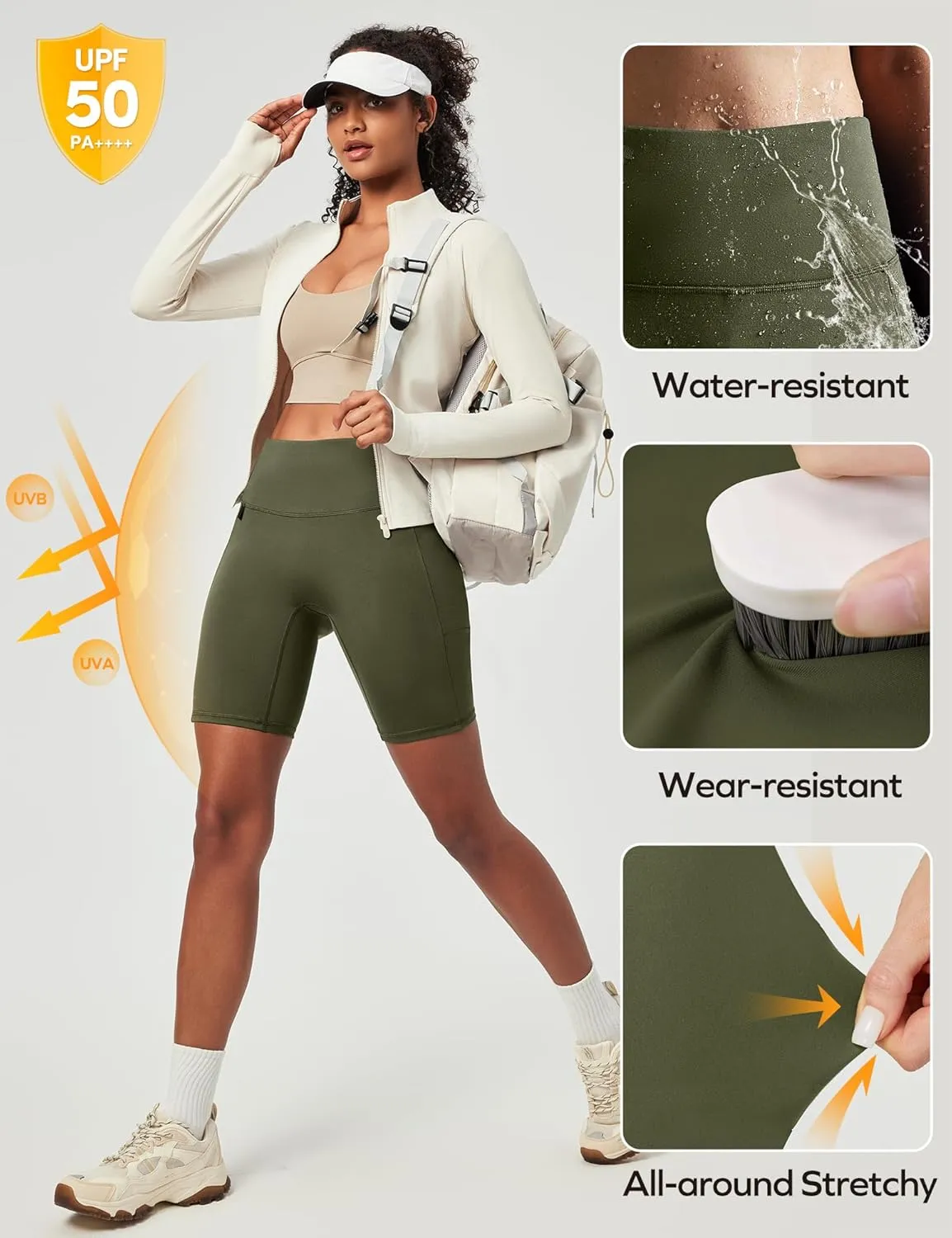 Ewedoos Biker Shorts Women Tummy Control with 4 Pockets No Front Seam Hiking Workout Spandex Shorts High Waisted UPF50 