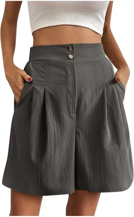 fanmpghleoo Linen Shorts for Women Dressy Casual Pleated Mid Thigh High Waisted Shorts Business Wide Leg Linen Dress Pants