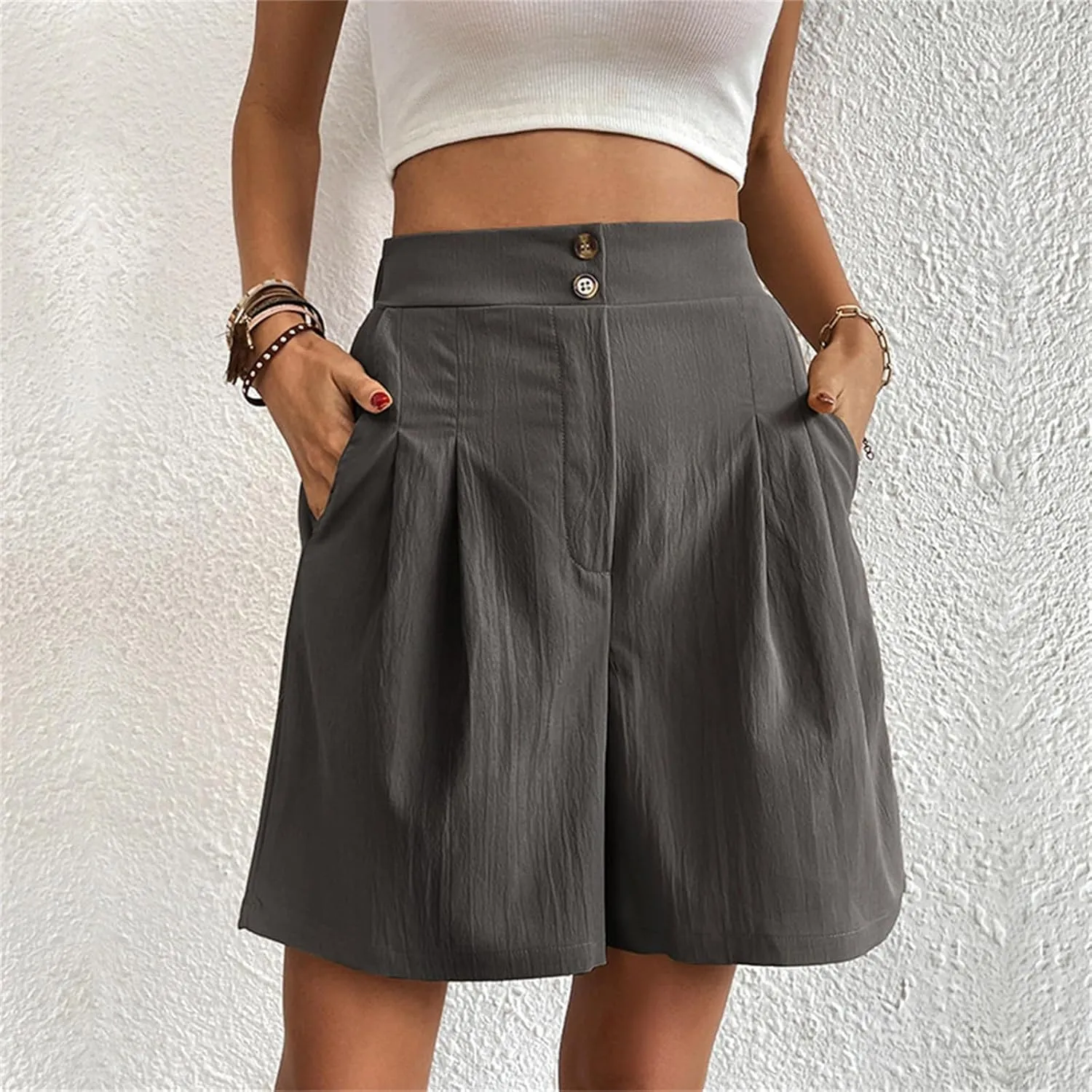fanmpghleoo Linen Shorts for Women Dressy Casual Pleated Mid Thigh High Waisted Shorts Business Wide Leg Linen Dress Pants