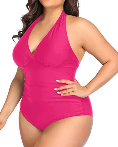 Halter Backless Plus Size One Piece Swimsuits-Neon Pink