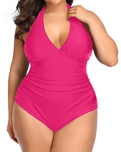 Halter Backless Plus Size One Piece Swimsuits-Neon Pink