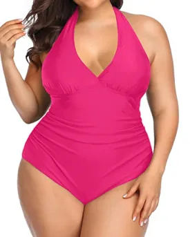 Halter Backless Plus Size One Piece Swimsuits-Neon Pink