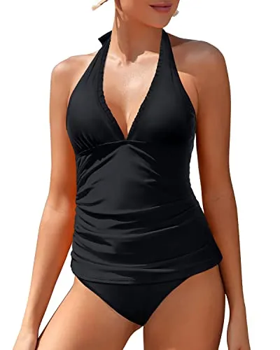 Halter Tankini Swimsuits Tummy Control Two Piece Ruffle V Neck Bathing Suits-Black