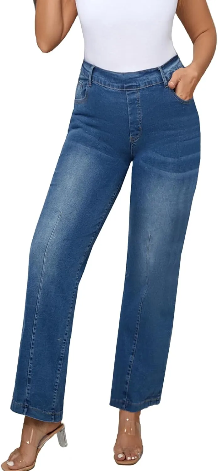 HBER Mid Waist Jeans for Women Stretchy Wide Leg Pants Elastic Waist Straight Leg Mid Rise Casual Baggy Stretch Pull On Jeans