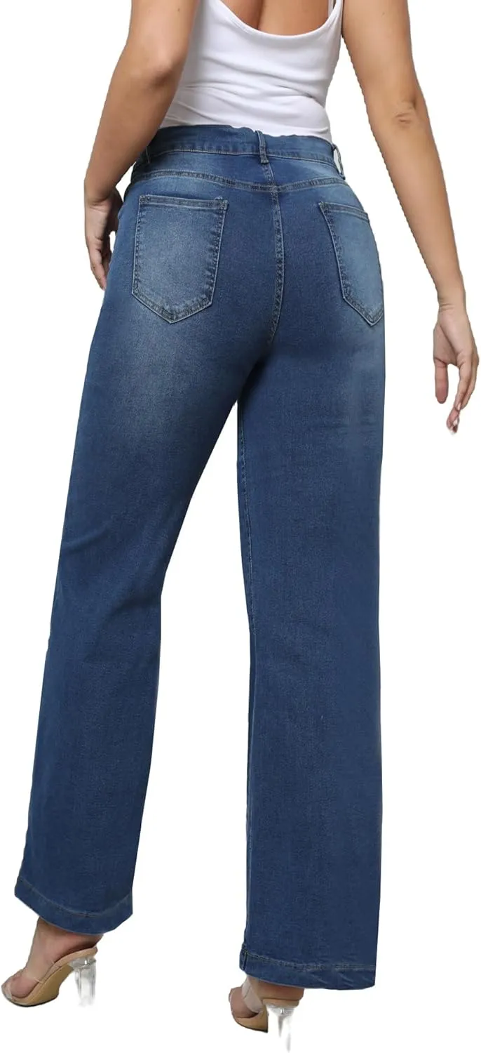 HBER Mid Waist Jeans for Women Stretchy Wide Leg Pants Elastic Waist Straight Leg Mid Rise Casual Baggy Stretch Pull On Jeans