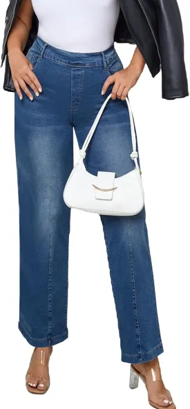 HBER Mid Waist Jeans for Women Stretchy Wide Leg Pants Elastic Waist Straight Leg Mid Rise Casual Baggy Stretch Pull On Jeans